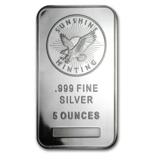 Silver bullion bar from Sunshine Minting, marked .999 fine silver, weighing 5 ounces.