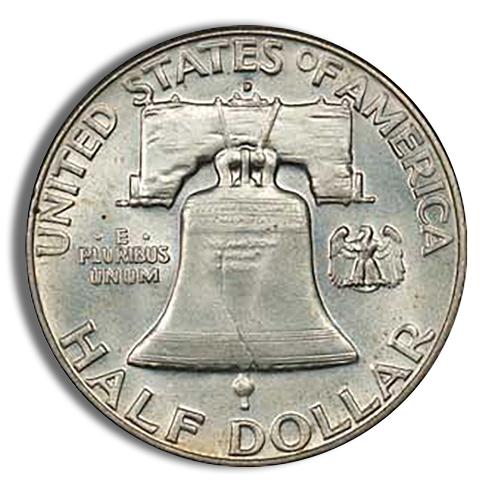Image of a United States Half Dollar coin featuring the Liberty Bell, with the inscription "United States of America" and "Half Dollar." The design includes the phrase "E Pluribus Unum" and two figures representing peace and freedom.