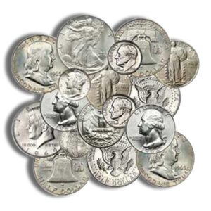 A collection of U.S. coins featuring various denominations, including half dollars, quarters, and dimes, arranged in a visually appealing cluster. The coins display intricate designs and historical figures, showcasing American numismatic heritage.