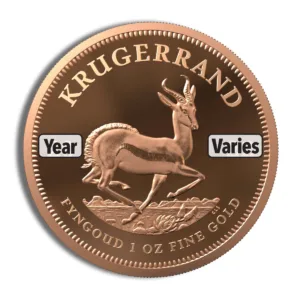 Gold Krugerrand coin featuring a springbok antelope design, labeled with "Year" and "Varies," indicating its collectible nature and varying mintage years. The coin is 1 oz of fine gold, popular among investors and collectors.