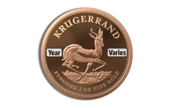 Gold Krugerrand coin featuring a springbok antelope design, labeled with "Year" and "Varies," indicating its collectible nature and varying mintage years. The coin is 1 oz of fine gold, popular among investors and collectors.