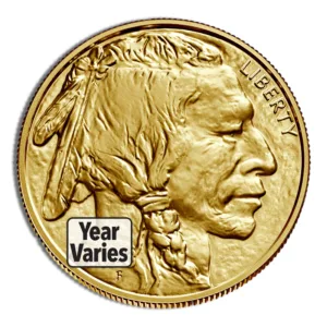 Gold American Buffalo coin featuring a Native American profile, marked with "Year Varies," highlighting its collectible nature and historical significance in numismatics.