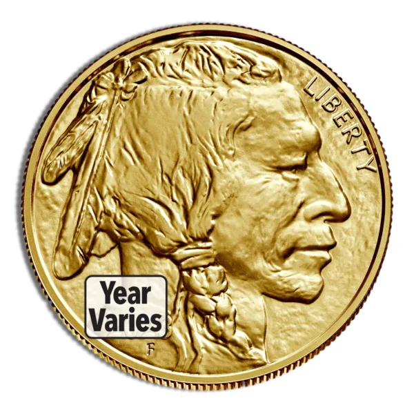 Gold American Buffalo coin featuring a Native American profile, marked with "Year Varies," highlighting its collectible nature and historical significance in numismatics.