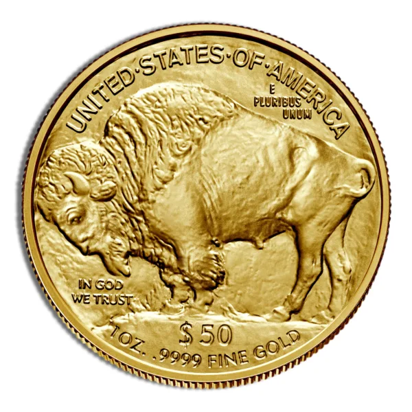 Gold American Buffalo coin featuring a bison design, with "United States of America" inscription and a denomination of $50. The coin weighs 1 ounce and is made of 24-karat gold, symbolizing American heritage and craftsmanship.