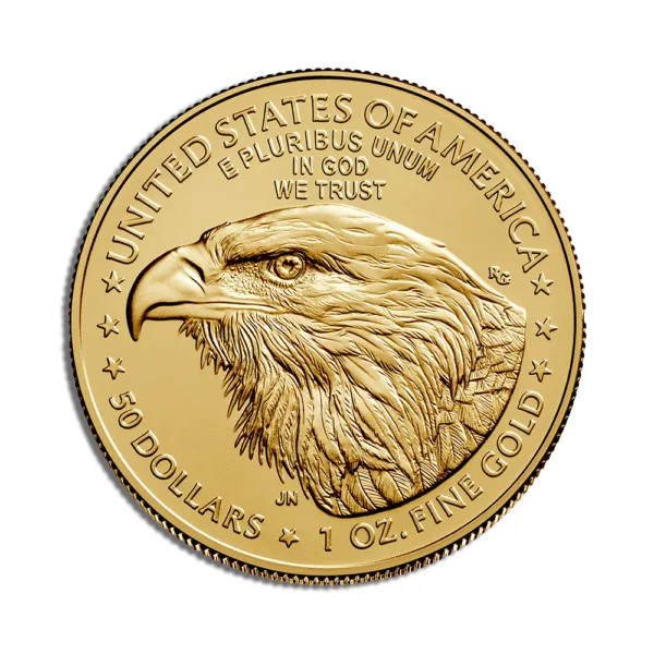 Gold American Eagle coin featuring a detailed eagle design, symbolizing strength and freedom, with inscriptions indicating its value of 50 dollars and weight of 1 ounce of fine gold.