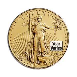 Gold American Eagle coin featuring the iconic Liberty design, symbolizing freedom and prosperity, with the inscription "LIBERTY" above and varying year of minting.