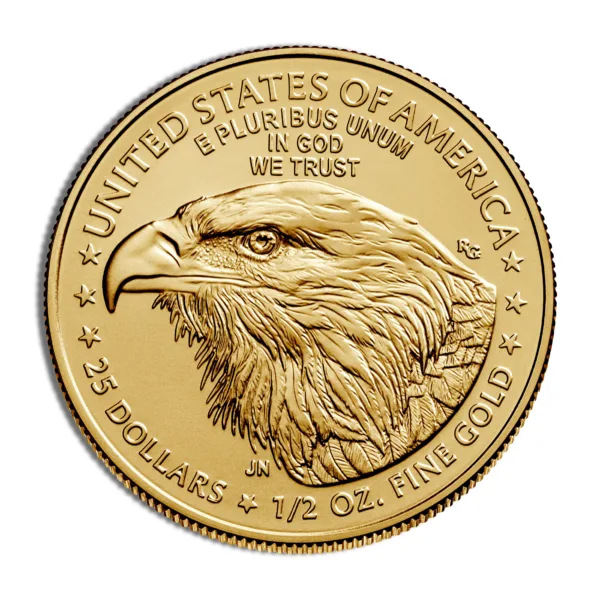 Gold coin featuring an eagle's head, inscribed with "United States of America," "In God We Trust," and a denomination of "50 Dollars" alongside "1/2 Oz. Fine Gold."