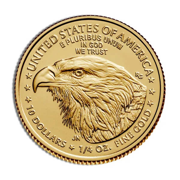Gold coin featuring an eagle design, inscribed with "United States of America," "E Pluribus Unum," and "In God We Trust," representing a value of $10 and a weight of 1/4 oz fine gold.