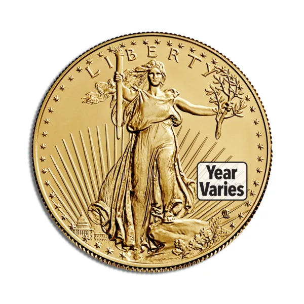 Gold American Eagle coin featuring Lady Liberty, symbolizing freedom and prosperity, with the year of minting varying. Ideal for collectors and investors in precious metals.