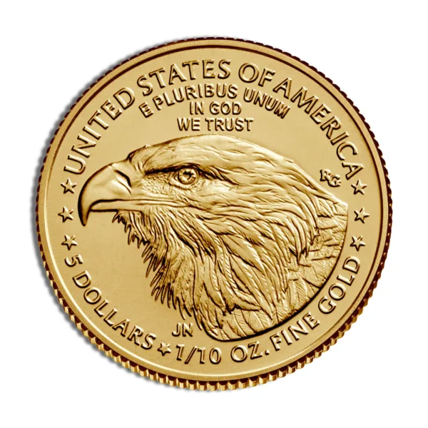 Gold coin featuring an eagle design, marked with "United States of America," "In God We Trust," and denomination of "5 Dollars" with "1/10 Oz. Fine Gold."