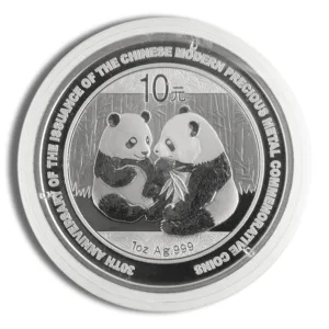 Silver coin featuring two pandas, commemorating the balance of the Chinese and Australian ecosystems, with a denomination of 10.