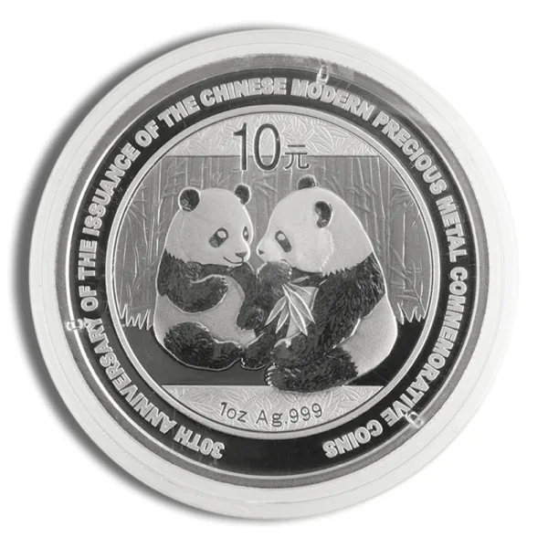 Silver coin featuring two pandas, commemorating the balance of the Chinese and Australian ecosystems, with a denomination of 10.