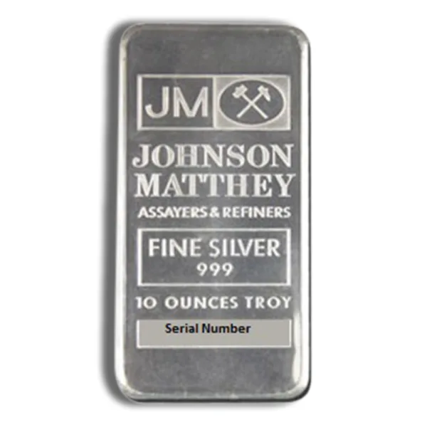 Johnson Matthey silver bar weighing 10 ounces troy, marked with "Fine Silver 999" and featuring the company logo and serial number, showcasing its authenticity and quality.