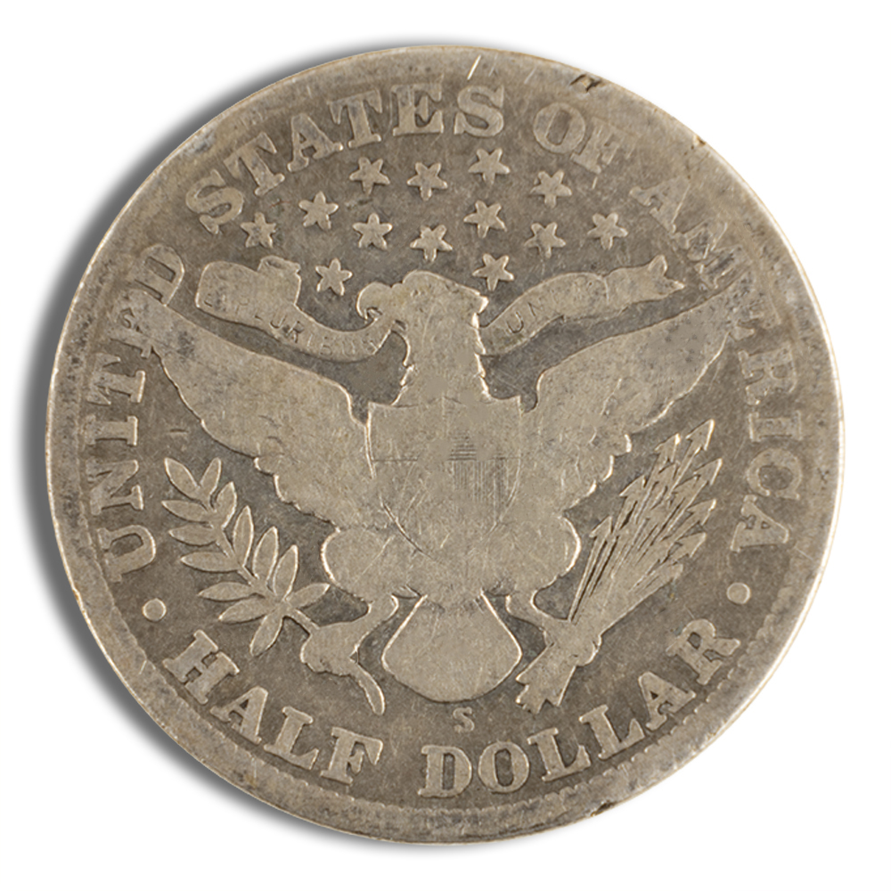 Silver United States half dollar coin featuring an eagle and stars, displaying the inscription "United States of America" and "Half Dollar."