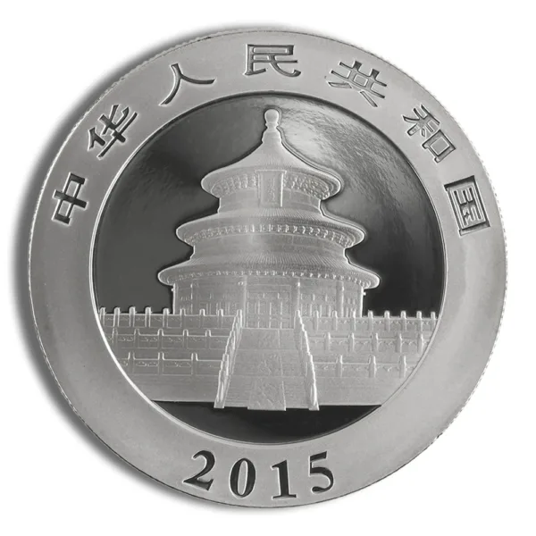 Silver commemorative coin featuring the Temple of Heaven in Beijing, inscribed with "2015" and Chinese characters for the People's Republic of China.
