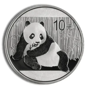 Silver coin featuring a panda chewing bamboo, marked with "10元," set against a bamboo forest background.