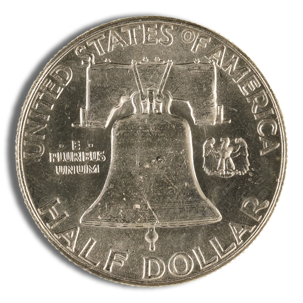 Image of a United States half dollar coin featuring the Liberty Bell design, with the inscription "United States of America" and "Half Dollar" prominently displayed.