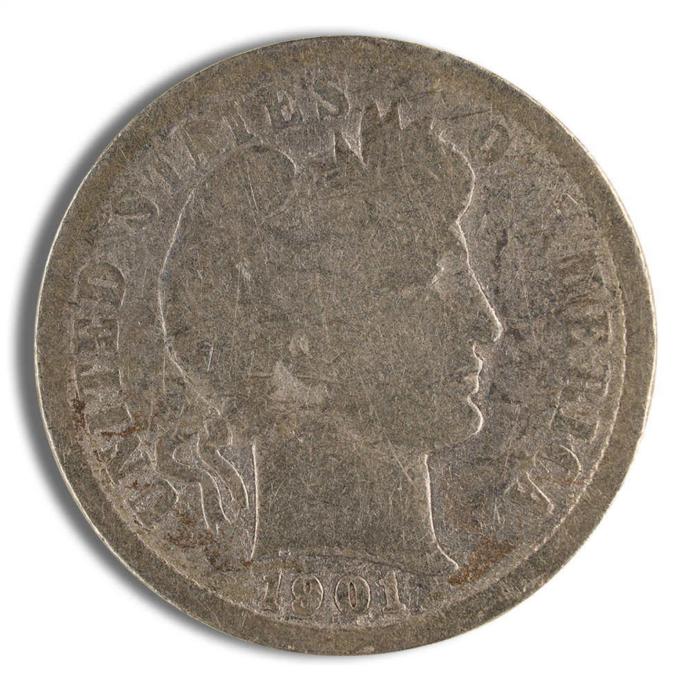 1901 United States Barber half dollar coin featuring a profile of Liberty, showcasing details of the coin's design and vintage appearance. Ideal for collectors and numismatists interested in American coinage history.