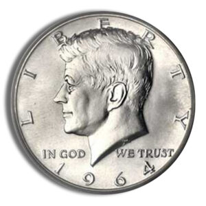 Close-up image of a 1964 Kennedy half dollar coin, featuring a profile of President John F. Kennedy with the inscriptions "LIBERTY," "IN GOD WE TRUST," and the year "1964." The coin's shiny silver surface highlights its historical significance and collectible value.