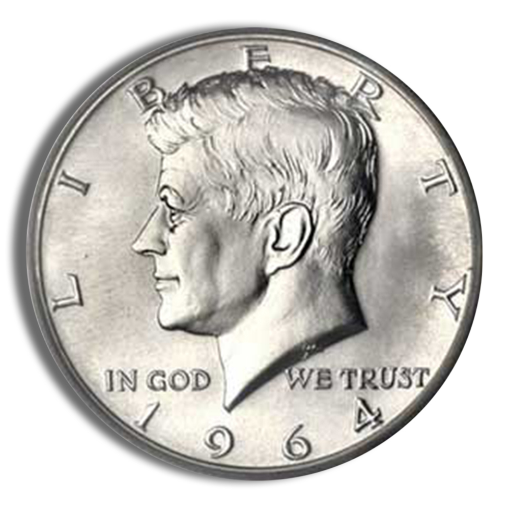 Close-up image of a 1964 Kennedy half dollar coin, featuring a profile of President John F. Kennedy with the inscriptions "LIBERTY," "IN GOD WE TRUST," and the year "1964." The coin's shiny silver surface highlights its historical significance and collectible value.