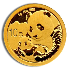 Gold Chinese Panda coin featuring a mother panda and her cub, with a denomination of 10 yuan and a purity of 1 oz .999 gold. Ideal for collectors and investors in precious metals.