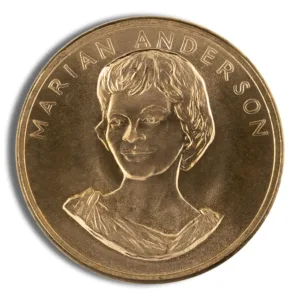 Bronze coin featuring a relief portrait of Mariah Anderson, with her name inscribed at the top, commemorating her contributions to music and civil rights.