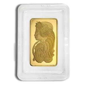 Gold bullion bar featuring an intricate silhouette of a woman's profile, encased in a protective plastic sleeve. Ideal for collectors and investors in precious metals.