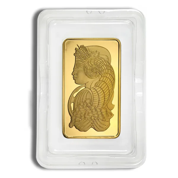 Gold bullion bar featuring an intricate silhouette of a woman's profile, encased in a protective plastic sleeve. Ideal for collectors and investors in precious metals.