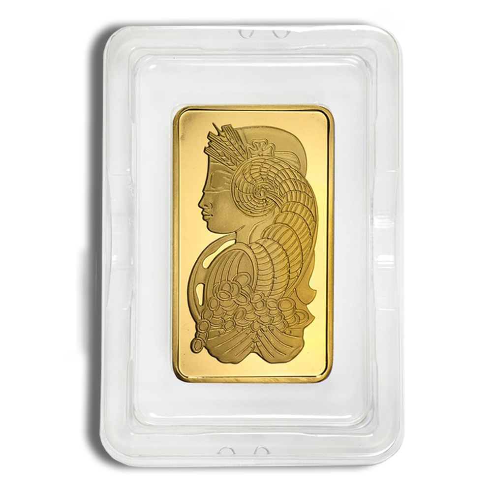 Gold bullion bar featuring an intricate design of a woman's profile, encapsulated in a protective case, ideal for collectors and investors in precious metals.