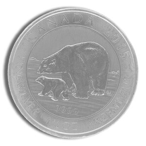 Silver coin featuring a detailed design of a mother bear and her cub, minted in Canada in 2015, with a purity of 99.99% silver and a weight of 1 troy ounce.