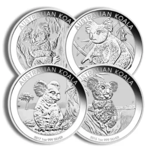 Four Australian Koala silver coins featuring detailed designs of koalas in various poses, each labeled with "AUSTRALIAN KOALA" and the year of minting, showcasing 1 oz 999 silver purity.