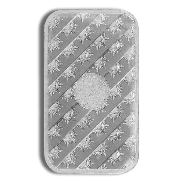Silver bullion bar featuring a decorative pattern of rays and a central circular area, ideal for collectors and investors in precious metals.