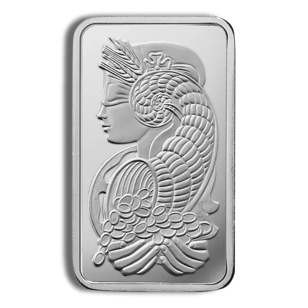 Silver bullion bar featuring a detailed relief of a woman with flowing hair and intricate wings, symbolizing beauty and elegance in precious metal investment.