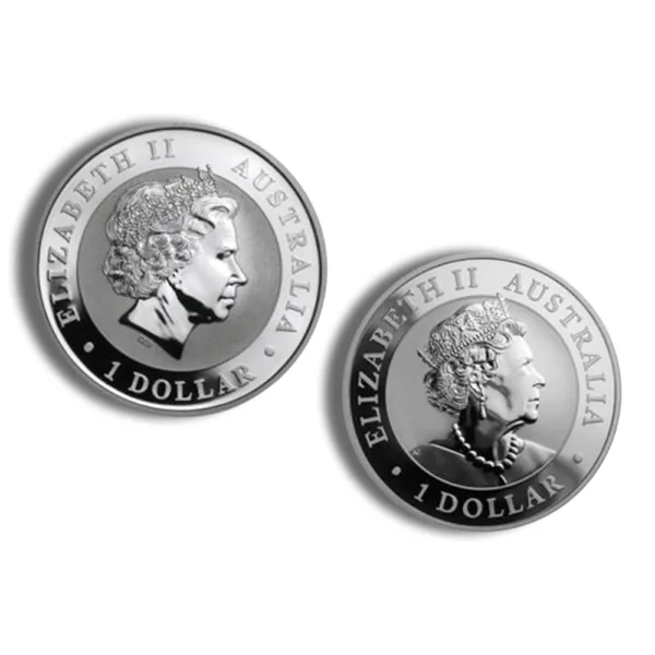 Australian one dollar coins featuring the profile of Queen Elizabeth II, showcasing their silver color and distinct design.