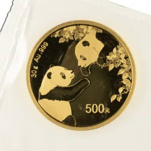 Gold panda coin featuring two pandas in a natural setting, with a denomination of 500 yuan, showcasing intricate design details and craftsmanship.