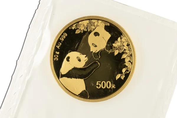 Gold panda coin featuring two pandas in a natural setting, with a denomination of 500 yuan, showcasing intricate design details and craftsmanship.