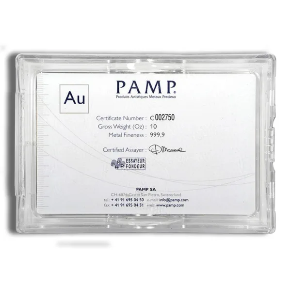 PAMP gold bar certificate showcasing details including certificate number C002750, gross weight of 10 ounces, and metal fineness of 999.9, along with the signature of the certified assayer.