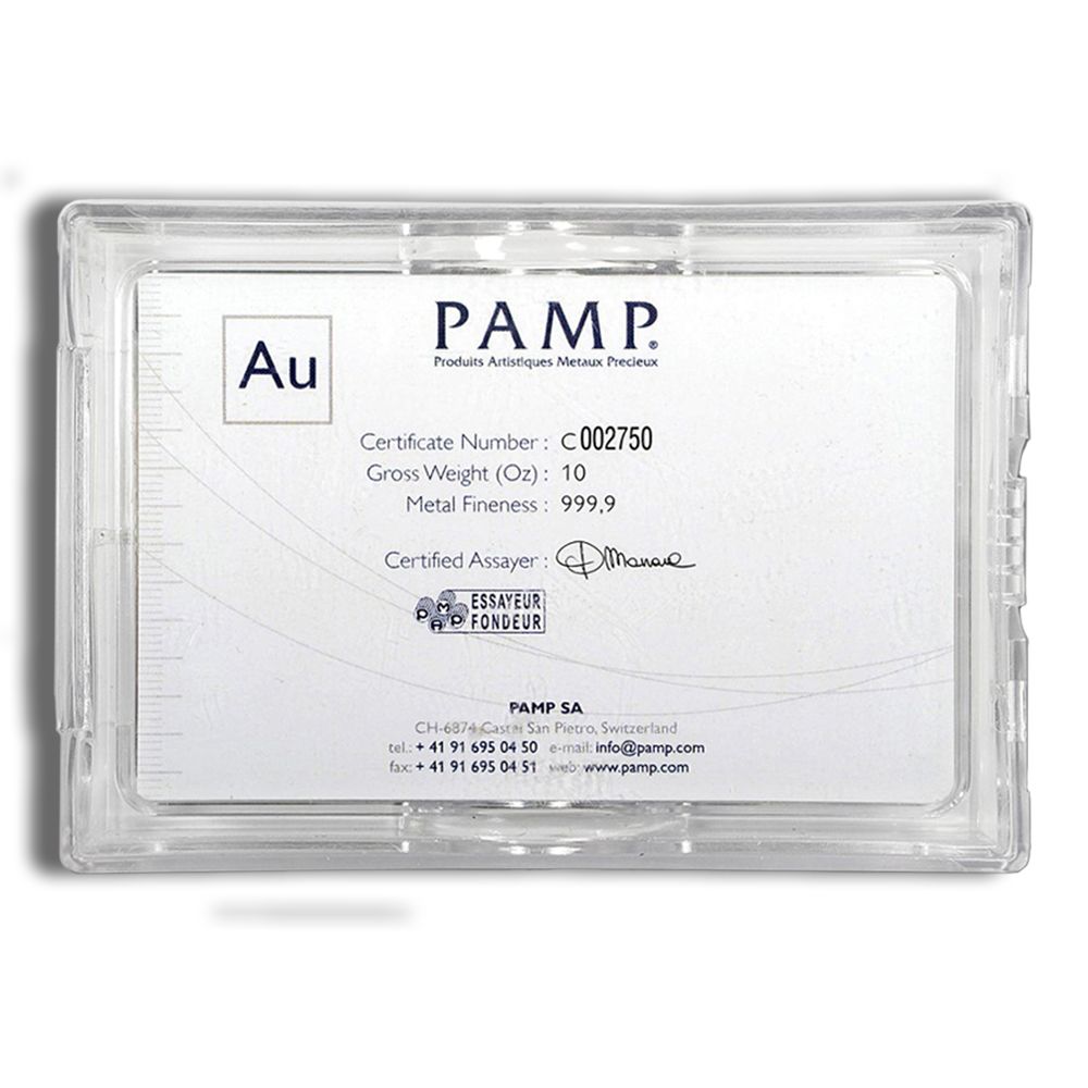 PAMP gold bar certificate featuring a gross weight of 10 ounces, metal fineness of 999.9, and certificate number C002750, issued by certified assayer.