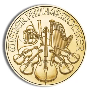 Gold medal featuring the emblem of the Wiener Philharmoniker, showcasing musical instruments like violins, a harp, and a French horn, symbolizing classical music and orchestral excellence.