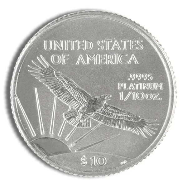 Platinum coin featuring an eagle design, labeled "United States of America," with specifications of .9995 purity and weight of 1/10 oz, valued at $10.