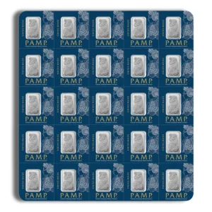 A blue patterned background featuring multiple square tiles, each displaying a silver bar with the word "FAME" embossed on it, arranged in a grid formation.
