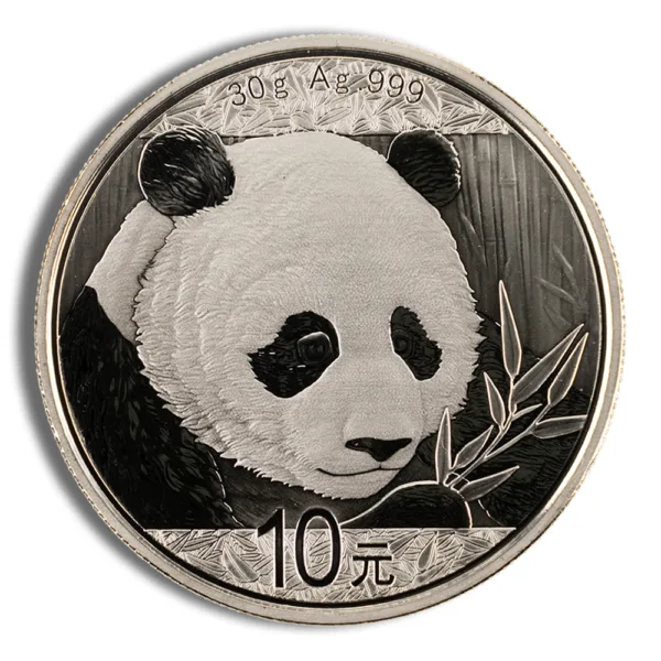 Silver coin featuring a detailed engraving of a panda eating bamboo, with the denomination "10 Yuan" prominently displayed.