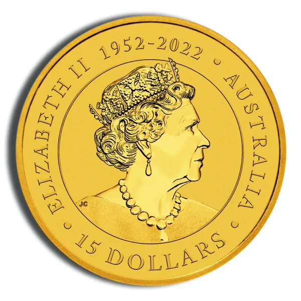 Gold coin featuring a profile of Queen Elizabeth II, inscribed with "Elizabeth II 1952-2022," "Australia," and "15 Dollars." This commemorative coin celebrates the legacy of the late monarch.