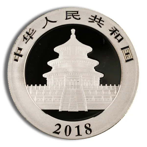 Silver commemorative coin featuring the Temple of Heaven, inscribed with "People's Republic of China" in Chinese and the year 2018.