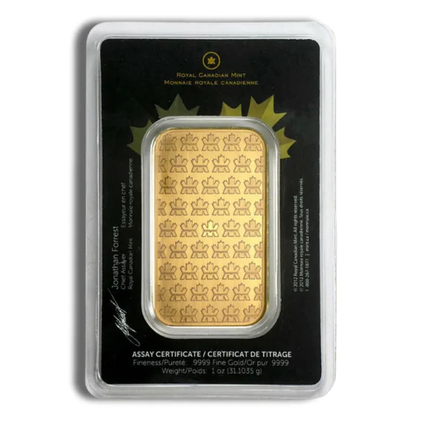1-ounce gold bar from the Royal Canadian Mint, featuring an assay certificate detailing its fineness of 9999. The bar is presented in protective packaging with decorative patterns and the mint's branding, highlighting its authenticity and value.