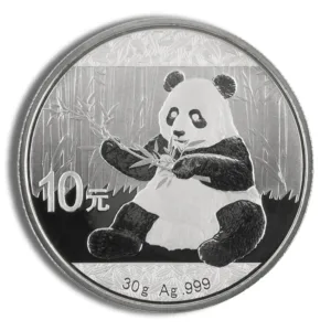 Silver Panda coin featuring a sitting panda eating bamboo, with a denomination of 10 yuan and specifications of 30 grams of silver at 99.9% purity.