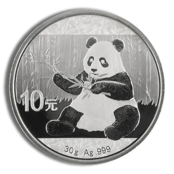 Silver Panda coin featuring a sitting panda eating bamboo, with a denomination of 10 yuan and specifications of 30 grams of silver at 99.9% purity.