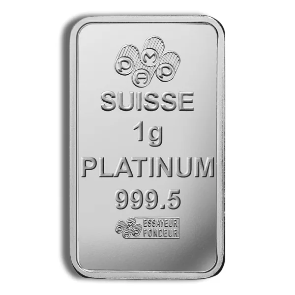 1 gram platinum bar from Suisse, featuring a purity of 999.5. Ideal for investors and collectors in precious metals.