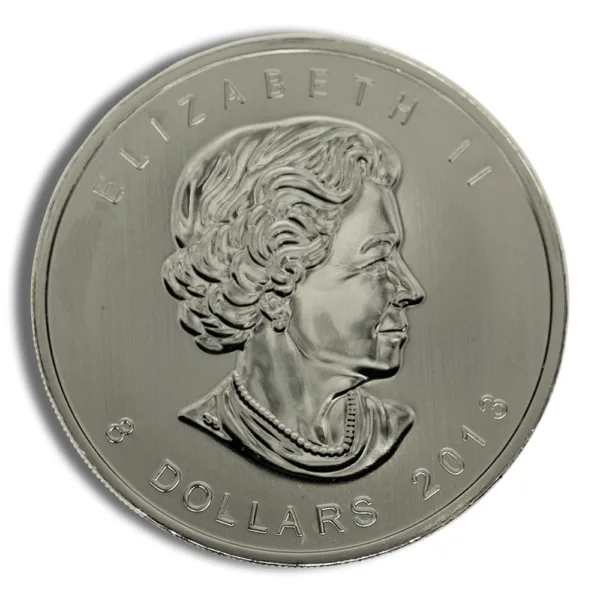 Silver coin featuring a profile of Queen Elizabeth II, inscribed with "Elizabeth II," "8 Dollars," and "2013." Ideal for collectors and enthusiasts of numismatics.