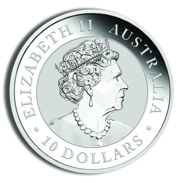 Silver coin featuring a profile of Queen Elizabeth II, inscribed with "Australia" and "10 Dollars."